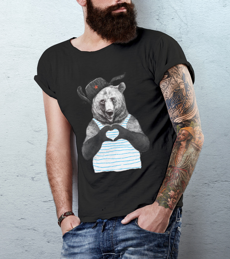 Bear In Striped Tank With Heart Gesture And Ushanka Hat Star Emblem T-Shirt