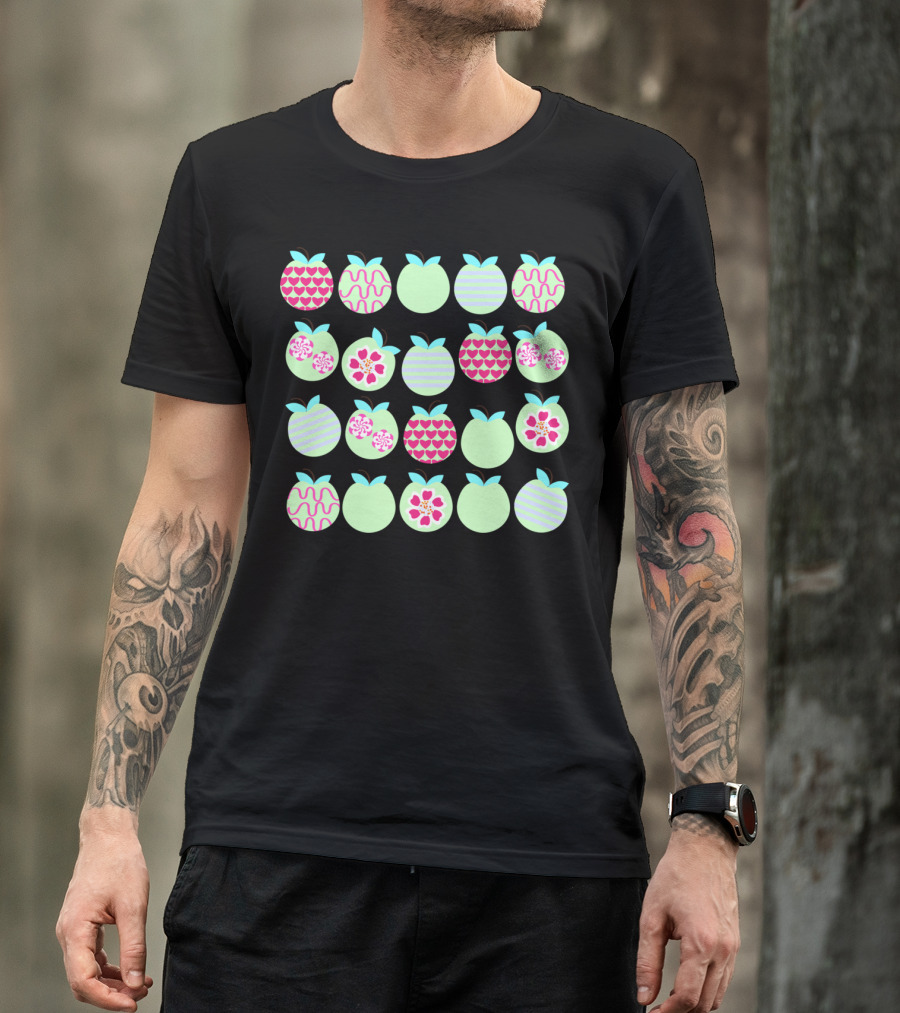 Apples Hearts Flowers Stripes Patterns On Pastel Green Circles T-Shirt