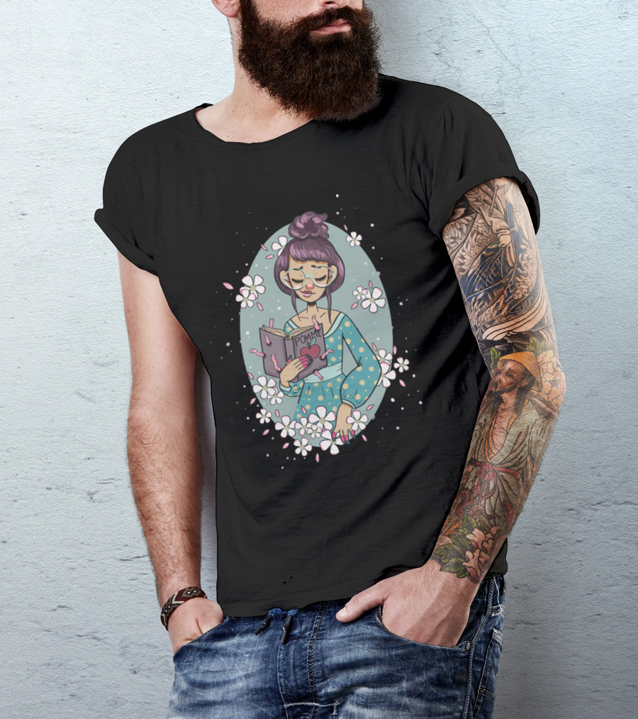 Pomme Bookworm Girl Surrounded By Flowers And Worms T-Shirt