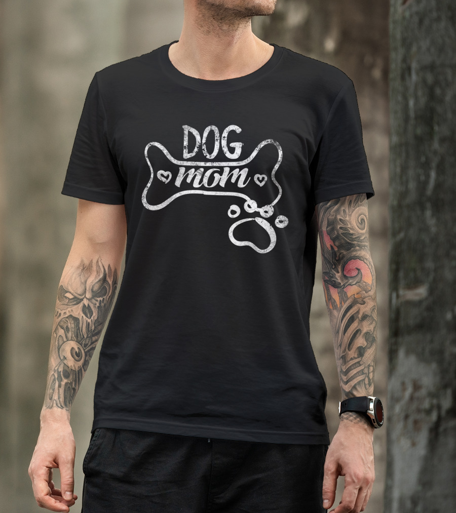 Dog Mom Funny Dog Bone Heart Paw Prints T-Shirt