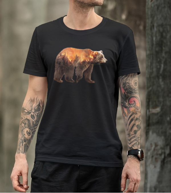 Bear Escape From Mountain Fire Wildlife Scene T-Shirt