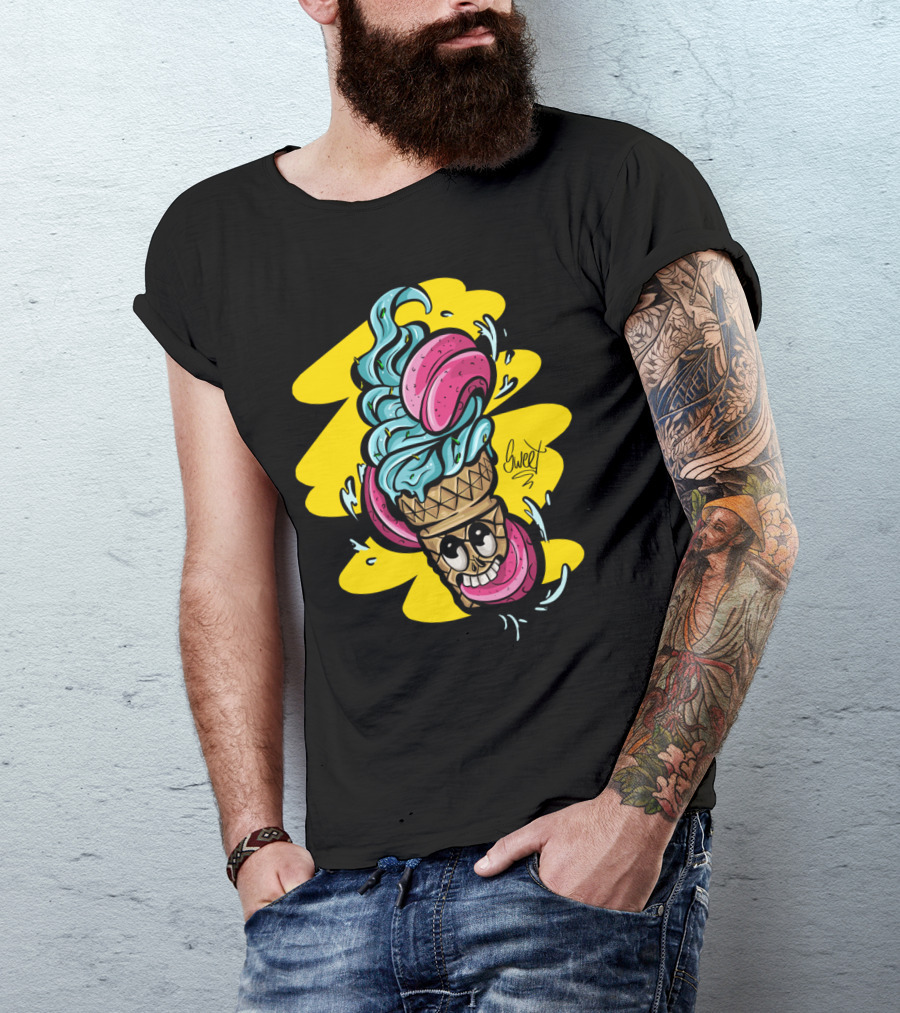 Crazy Sweet Ice Cream Cone With Pink Macarons And Blue Swirls T-Shirt