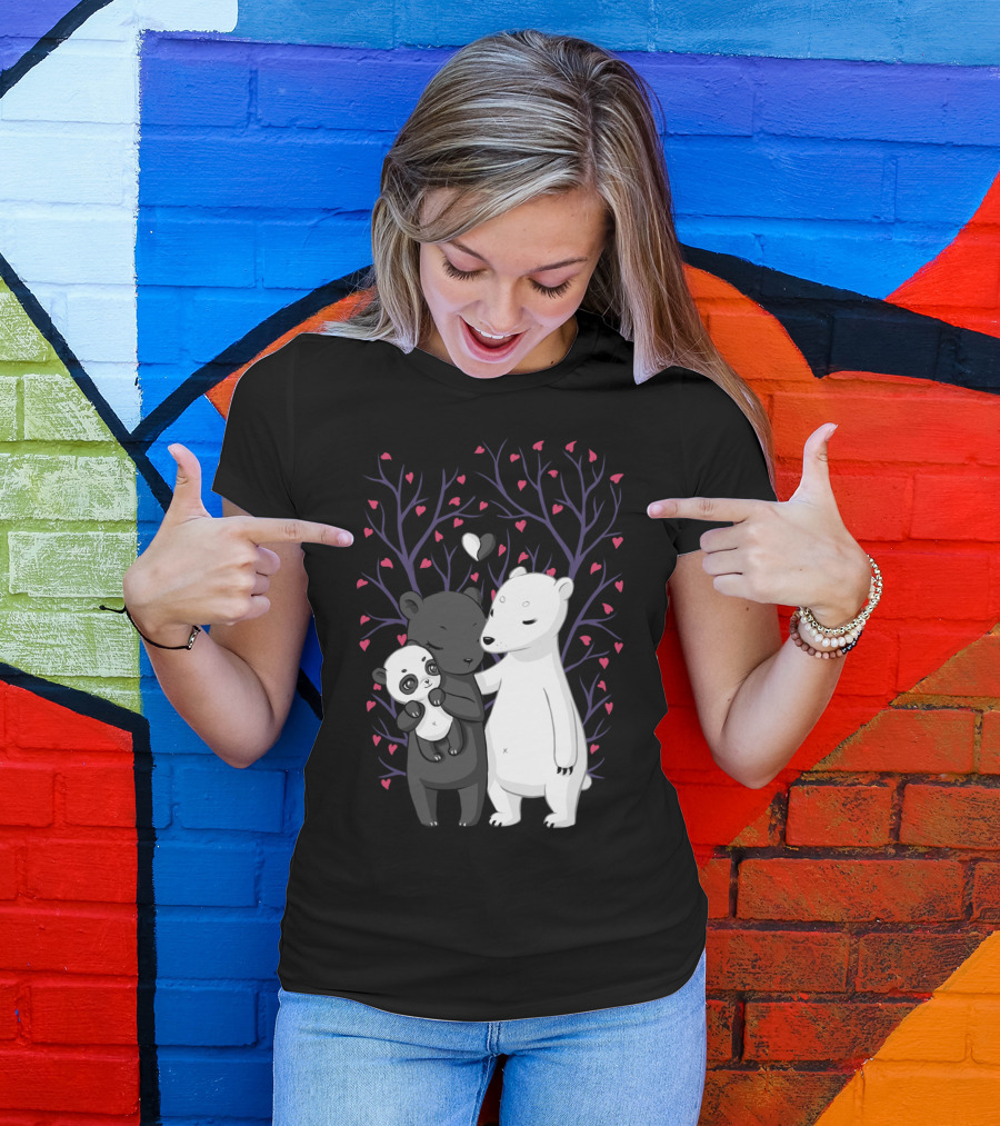 Bear Family Love With Hearts And Tree Background T-Shirt