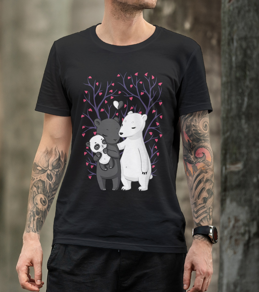 Bear Family Love With Hearts And Tree Background T-Shirt
