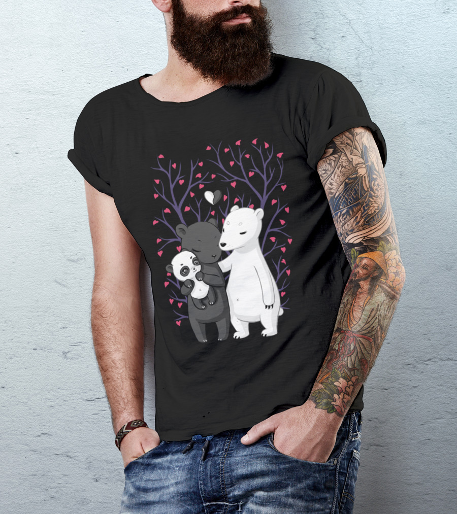 Bear Family Love With Hearts And Tree Background T-Shirt