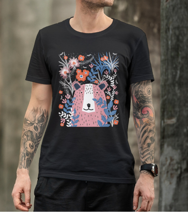 Bear Garden Floral Pattern With Pink Bear And Colorful Flowers T-Shirt