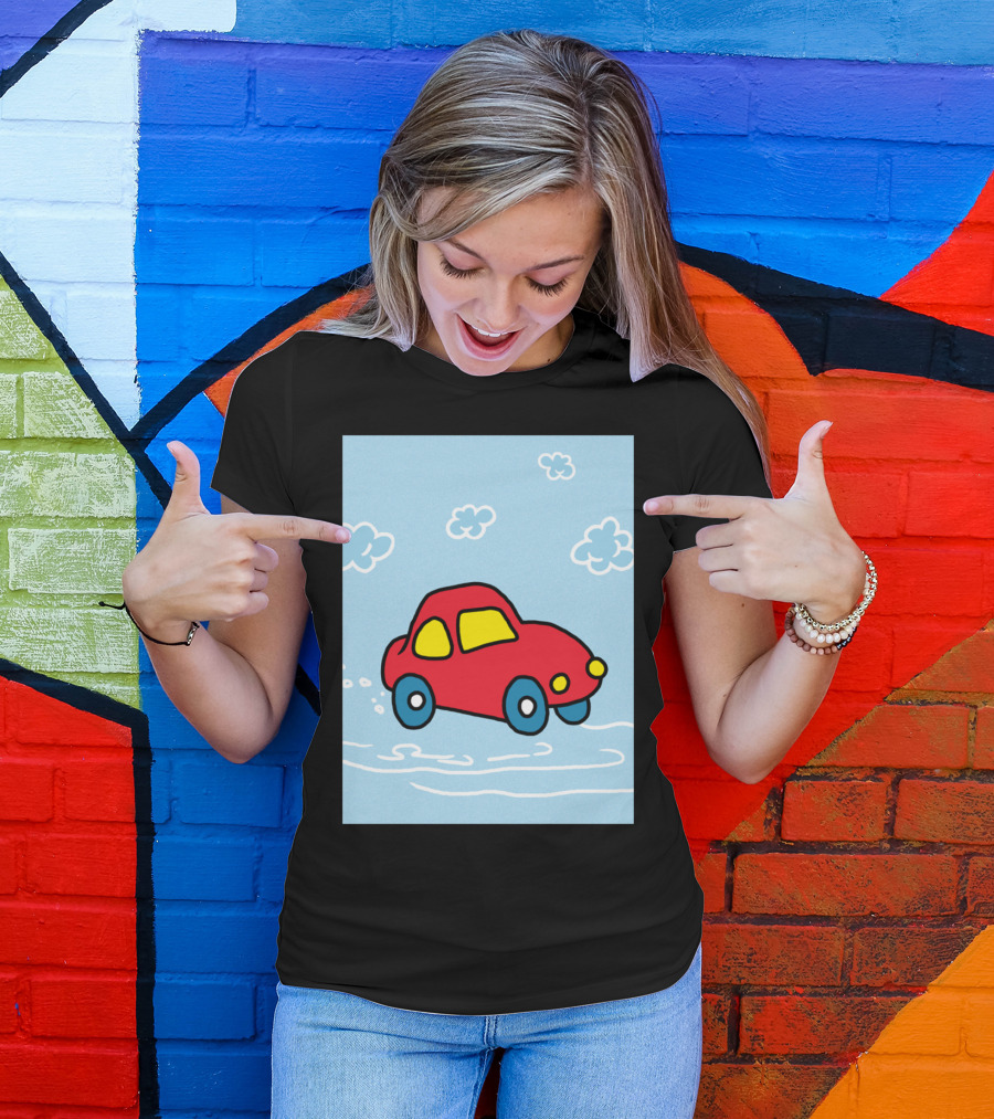Red Cartoon Car In Cloudy Sky Scene With Blue Wheels And Yellow Windows T-Shirt