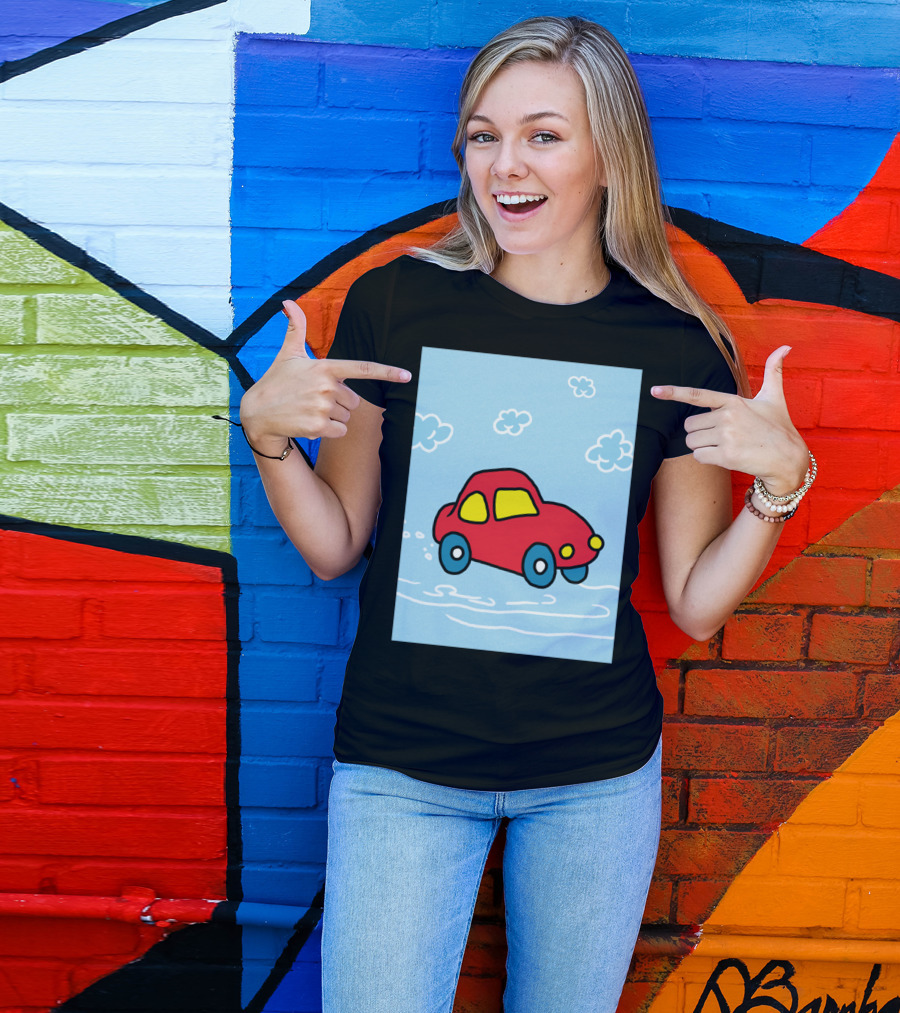 Red Cartoon Car In Cloudy Sky Scene With Blue Wheels And Yellow Windows T-Shirt