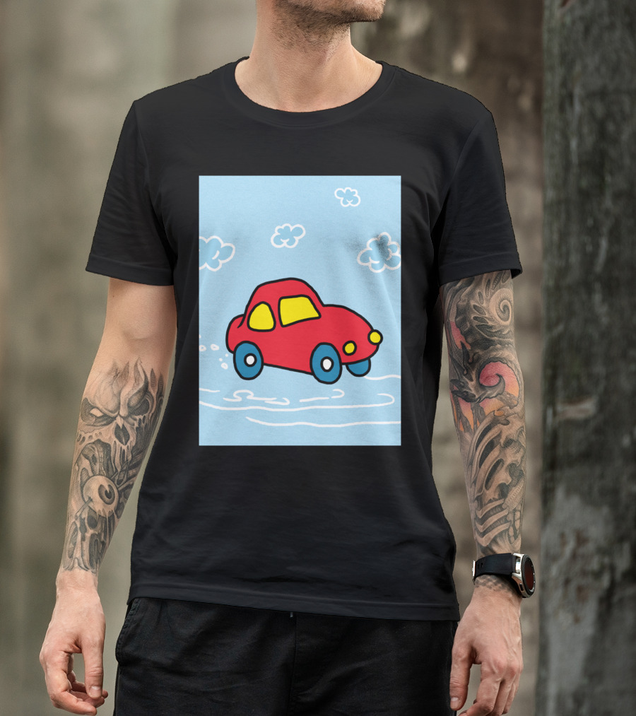 Red Cartoon Car In Cloudy Sky Scene With Blue Wheels And Yellow Windows T-Shirt
