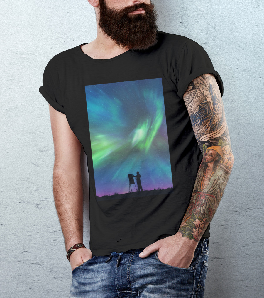 Borealis Painter Under Northern Lights Canvas T-Shirt