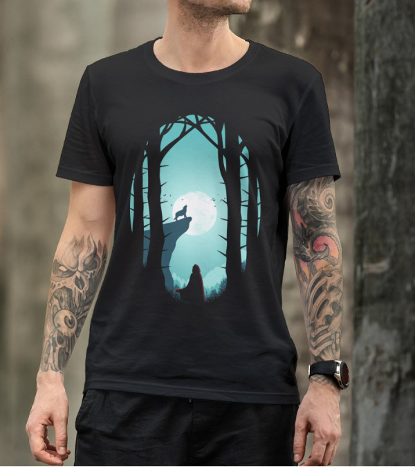 Full Moon Wolf Howling In Forest At Night T-Shirt