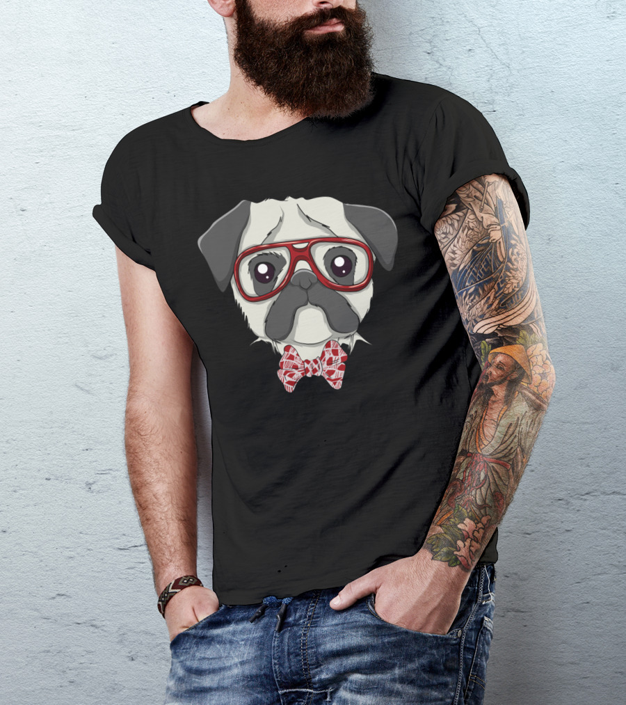 Pug Dog With Red Glasses And Bow Tie Geek T-Shirt