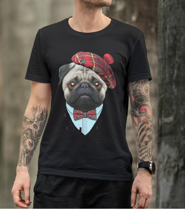 Pug Wearing Tartan Hat And Bow Tie T-Shirt