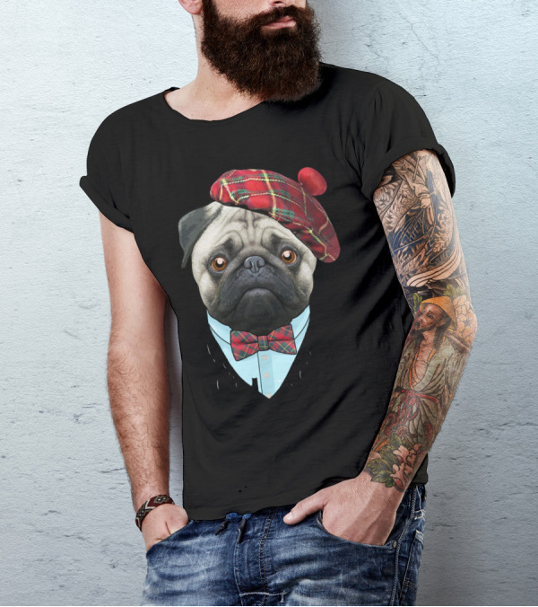Pug Wearing Tartan Hat And Bow Tie T-Shirt