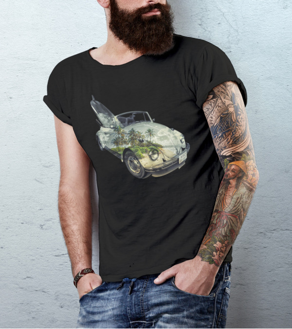 Born To Be Free Convertible Car Tropical Beach Scene T-Shirt