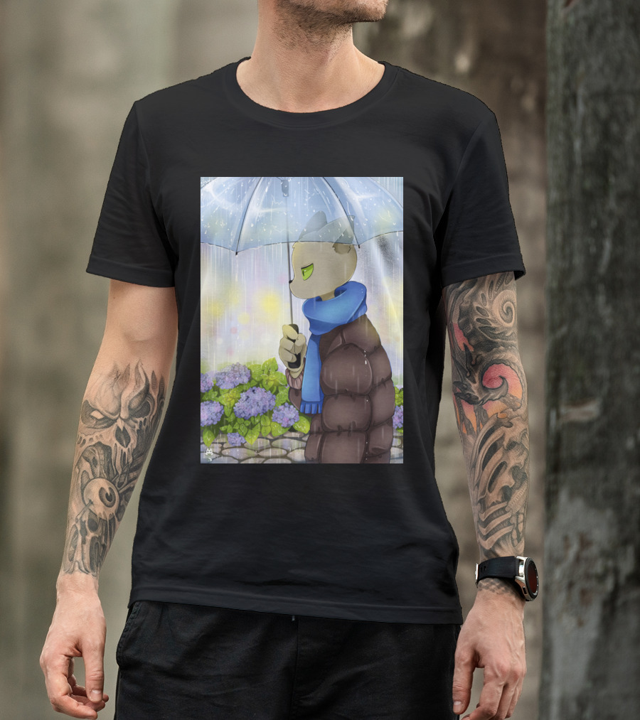 Rainy Day Teacher Cat With Blue Scarf And Umbrella T-Shirt