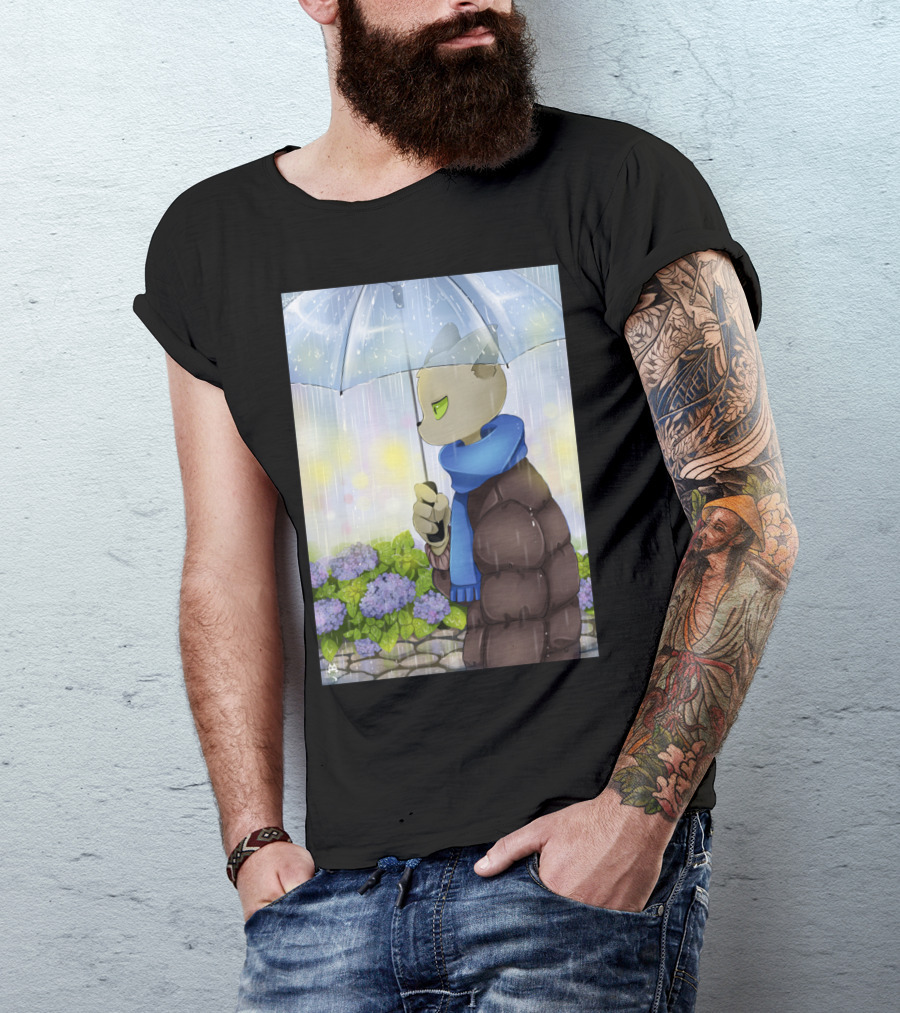 Rainy Day Teacher Cat With Blue Scarf And Umbrella T-Shirt