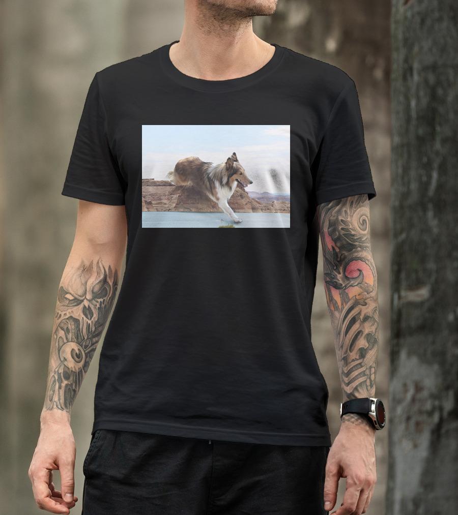 Aquilo Que Eu Sei Running Collie Over Desert Canyon Landscape T-Shirt