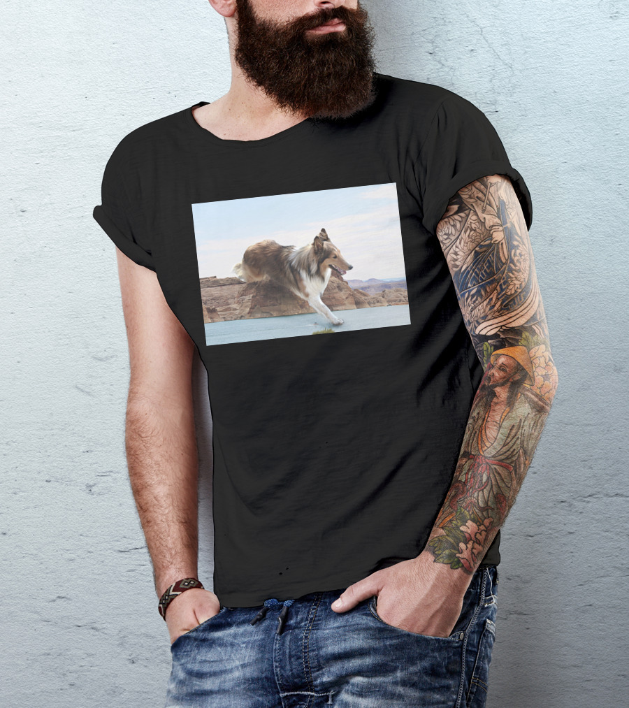 Aquilo Que Eu Sei Running Collie Over Desert Canyon Landscape T-Shirt