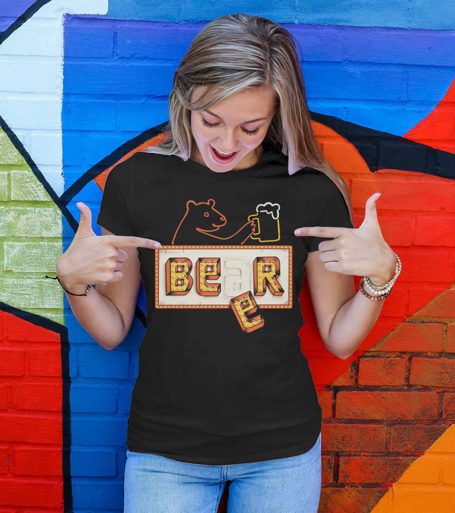 Bear Holding Beer Mug In Neon Sign T-Shirt