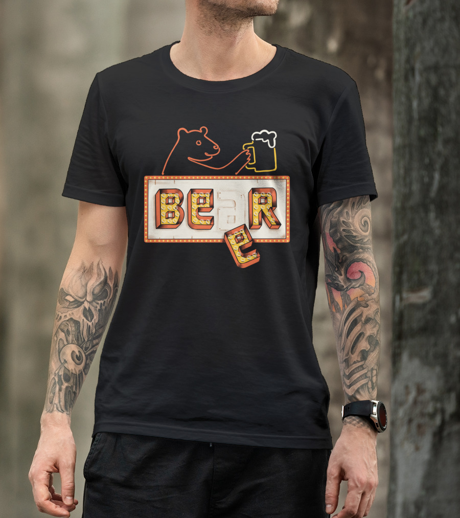 Bear Holding Beer Mug In Neon Sign T-Shirt