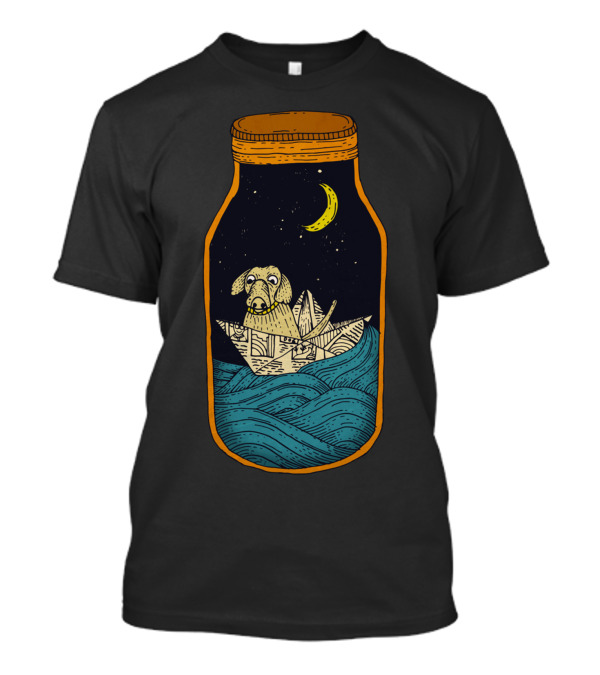 Dog In Paper Boat Under Night Sky In Jar T-Shirt