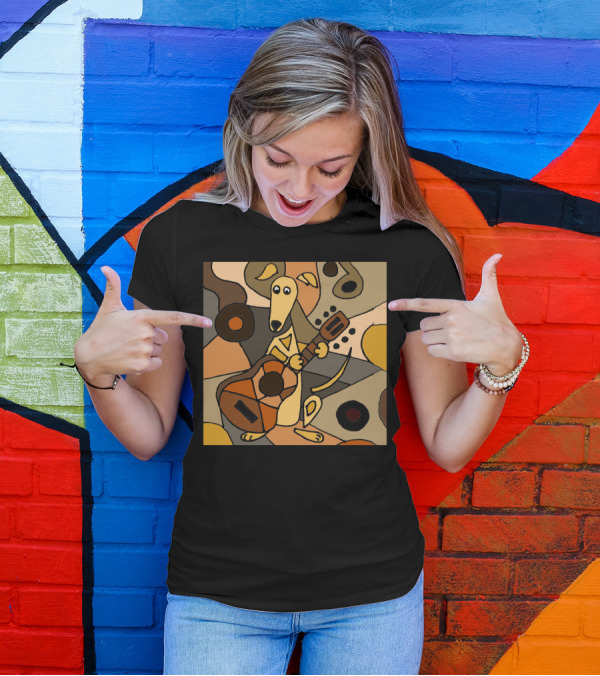 Funky Greyhound Dog With Guitar In Abstract Cubist T-Shirt
