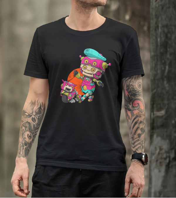 Robot Dog Walker Cyberpunk Retro Futuristic Machine Duo T-Shirt