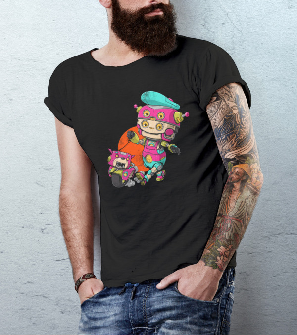Robot Dog Walker Cyberpunk Retro Futuristic Machine Duo T-Shirt
