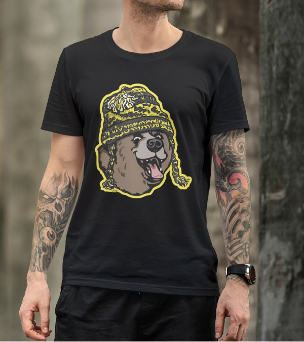 Bear Wearing Black And Gold Beanie With Pom-Poms T-Shirt