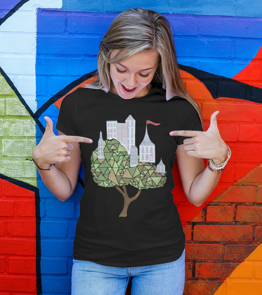 Arboreal Abode Geometric Tree With Urban Skyline T-Shirt
