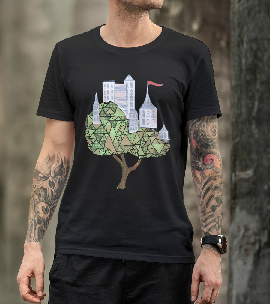 Arboreal Abode Geometric Tree With Urban Skyline T-Shirt