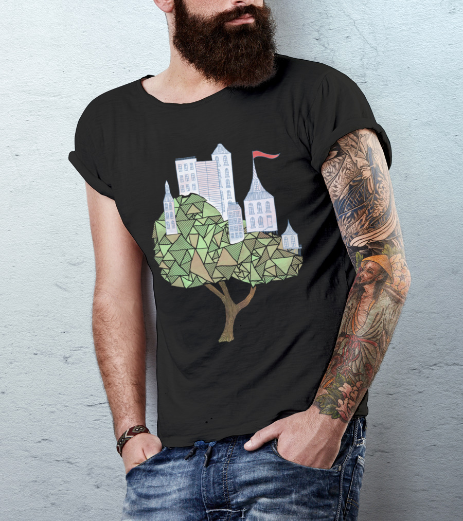 Arboreal Abode Geometric Tree With Urban Skyline T-Shirt
