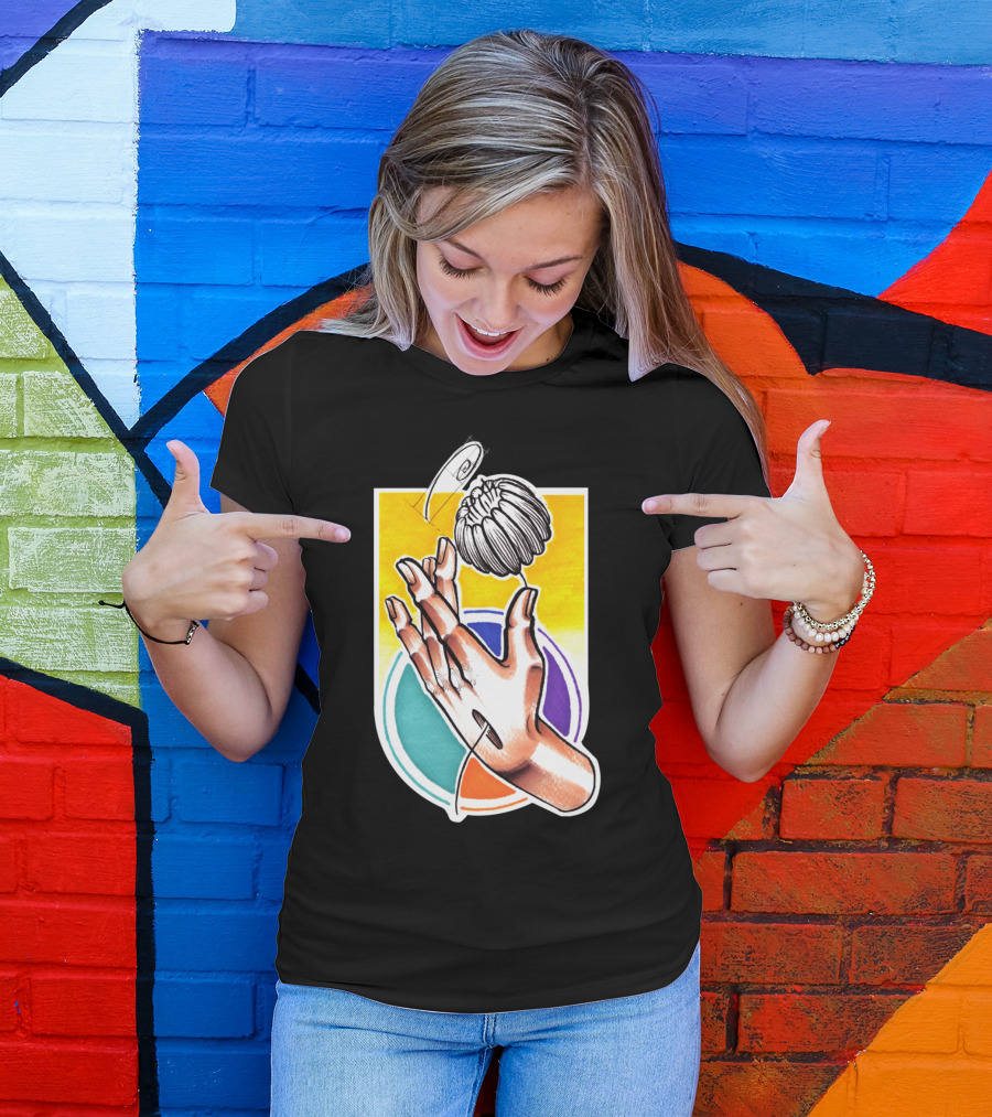 Creative Hands Holding Enchanting Flower With Colorful Geometric Backdrop T-Shirt