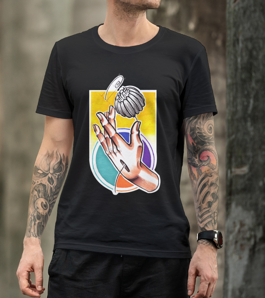 Creative Hands Holding Enchanting Flower With Colorful Geometric Backdrop T-Shirt