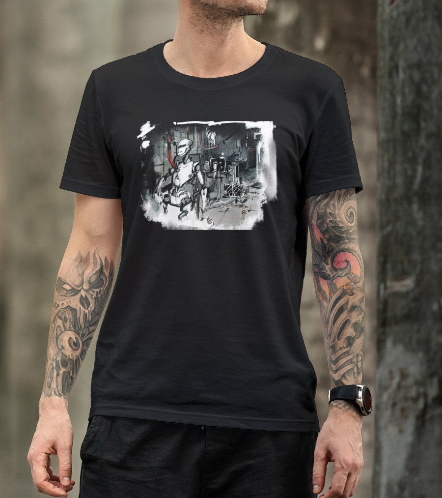 Roberto Among Futuristic Robotics And Machinery In The Underground Lab T-Shirt