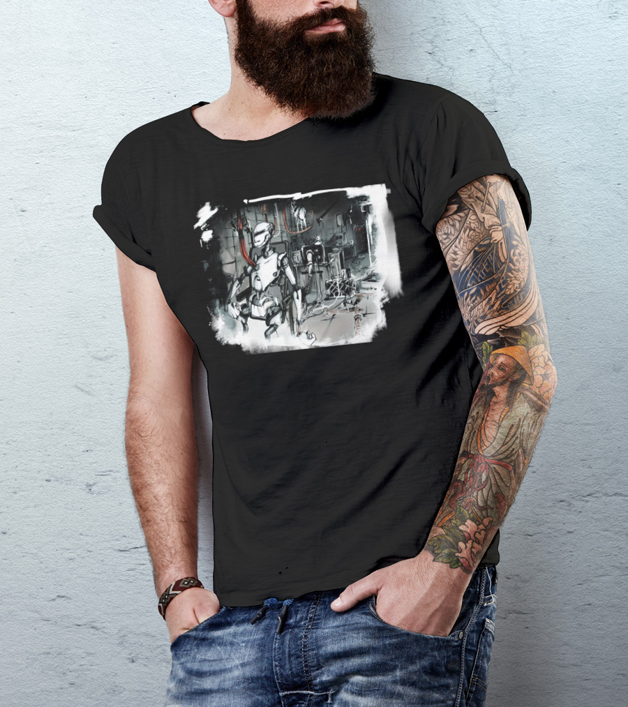 Roberto Among Futuristic Robotics And Machinery In The Underground Lab T-Shirt