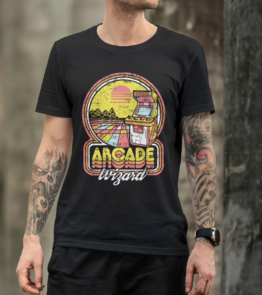 Arcade Wizard Retro Sunset Wiz Machine T-Shirt