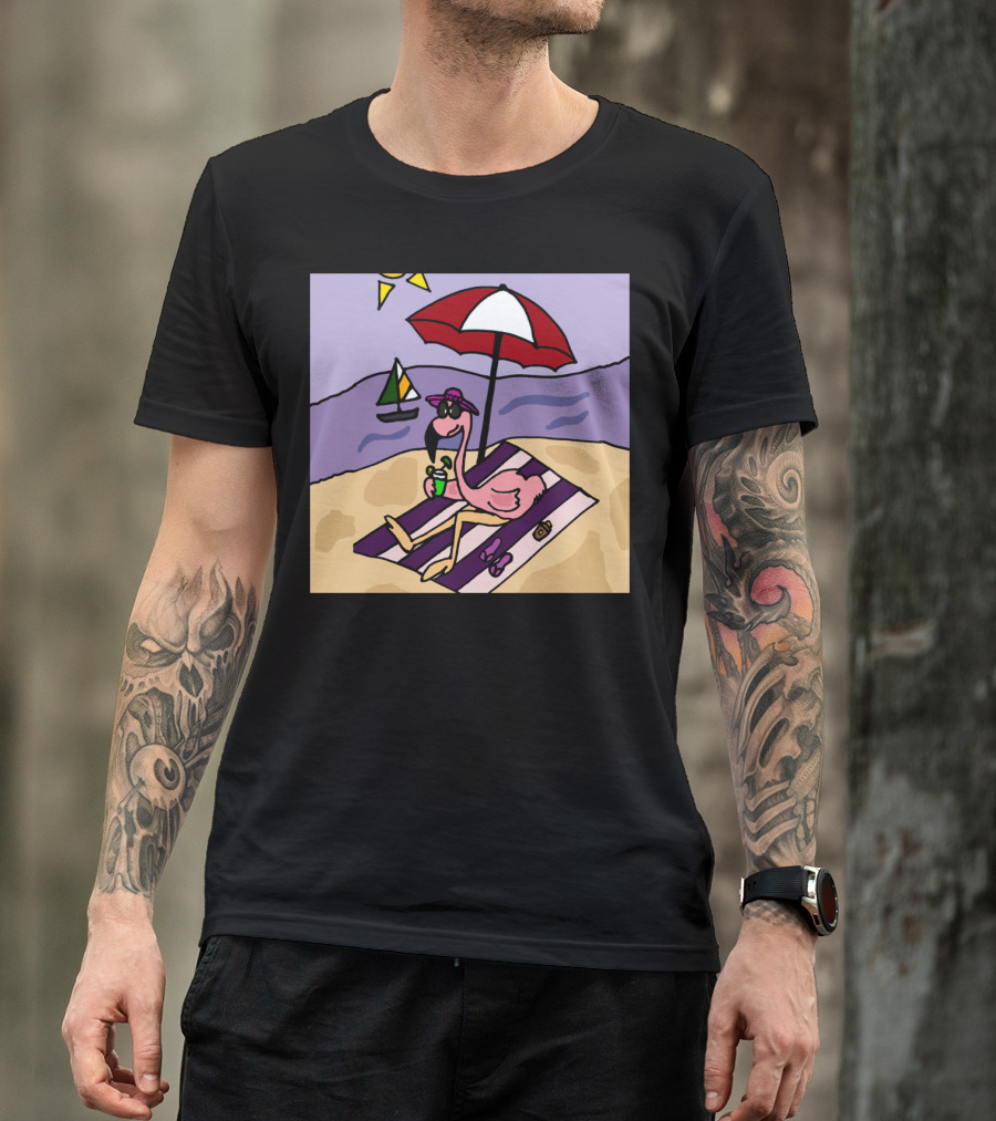 Funny Pink Flamingo Relaxing Under Umbrella At Beach With Sailboat T-Shirt