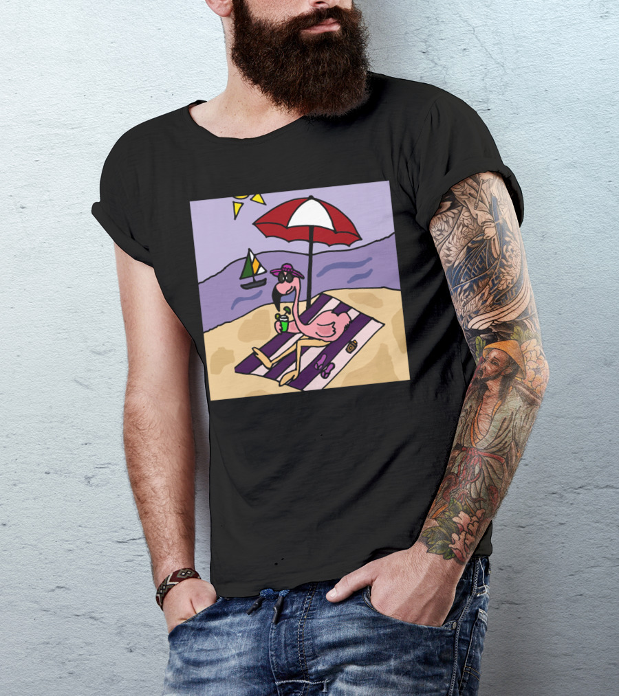 Funny Pink Flamingo Relaxing Under Umbrella At Beach With Sailboat T-Shirt