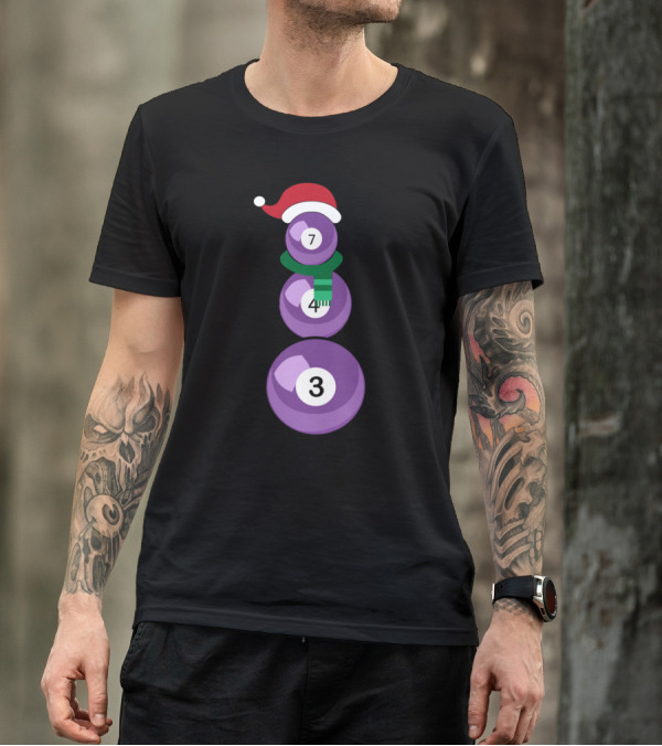 Funny Christmas Billiard Snowman With Santa Hat And Numbers 7 4 3 T-Shirt