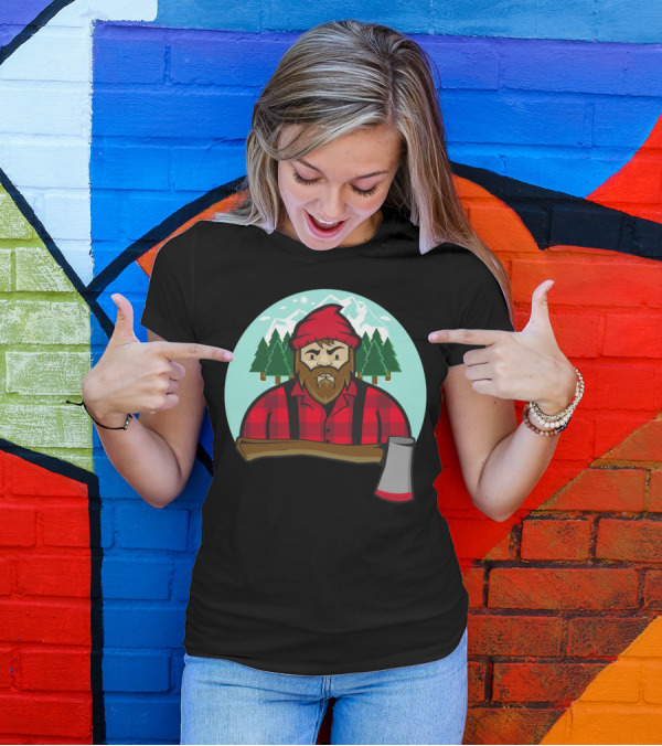 Bearded Lumberjack With Axe And Mountain Forest Background T-Shirt