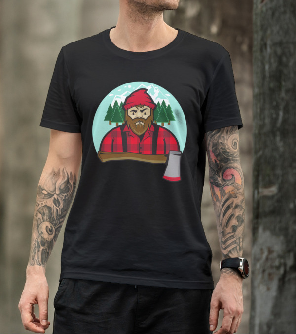 Bearded Lumberjack With Axe And Mountain Forest Background T-Shirt