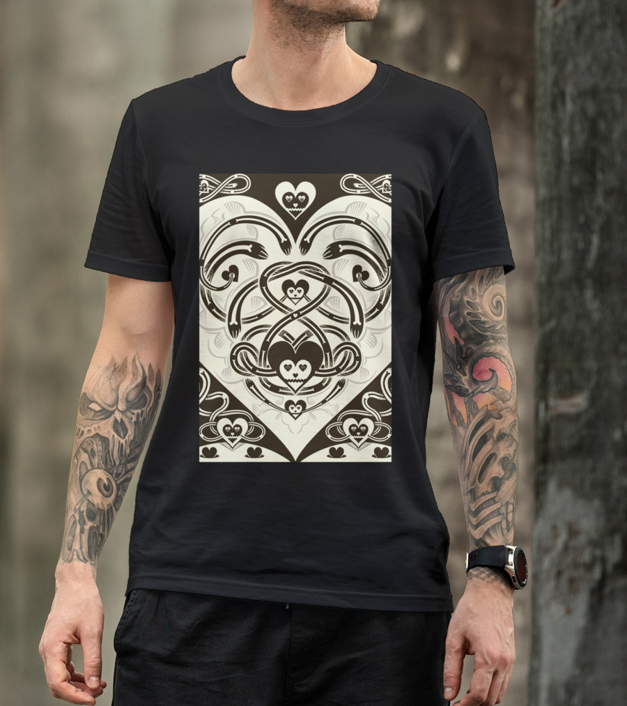 Hearts And Swirls Pattern Black And Cream Cards Heart One T-Shirt