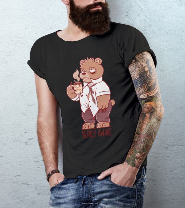 Bearly Awake Coffee Bear In Shirt And Tie With Mug T-Shirt