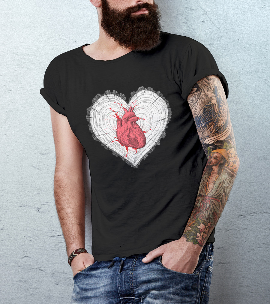 Wooden Heart Anatomical Red Bleeding On Log Heart Shaped Rings T-Shirt