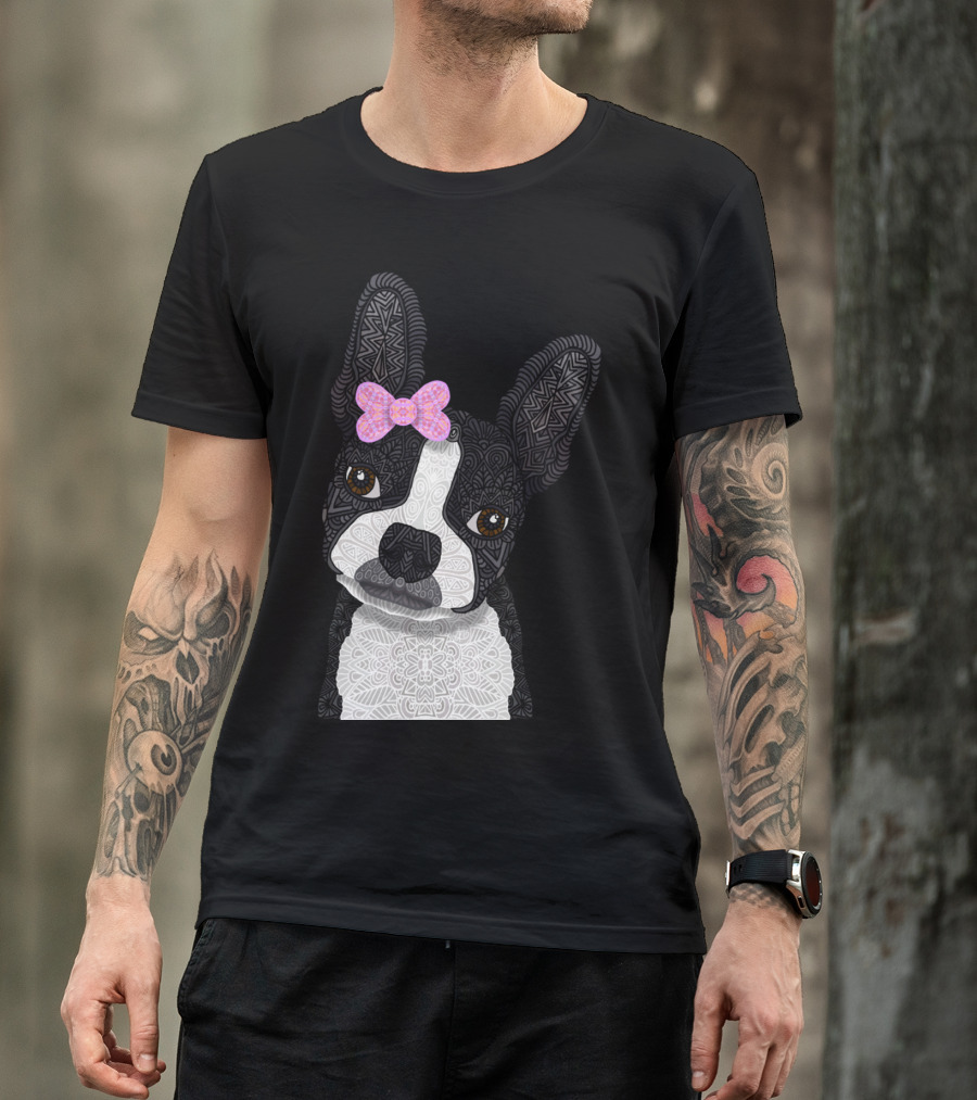 Boston Girl Mya Intricate Dog With Bow T-Shirt