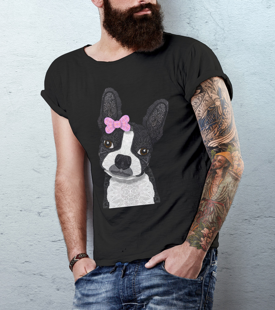 Boston Girl Mya Intricate Dog With Bow T-Shirt