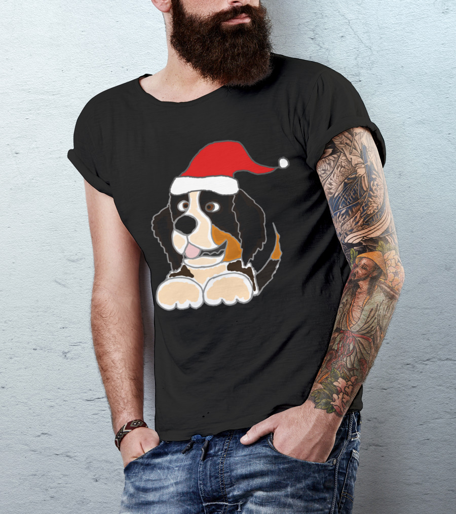 Funny Cute Bernese Mountain Dog Santa Hat T-Shirt