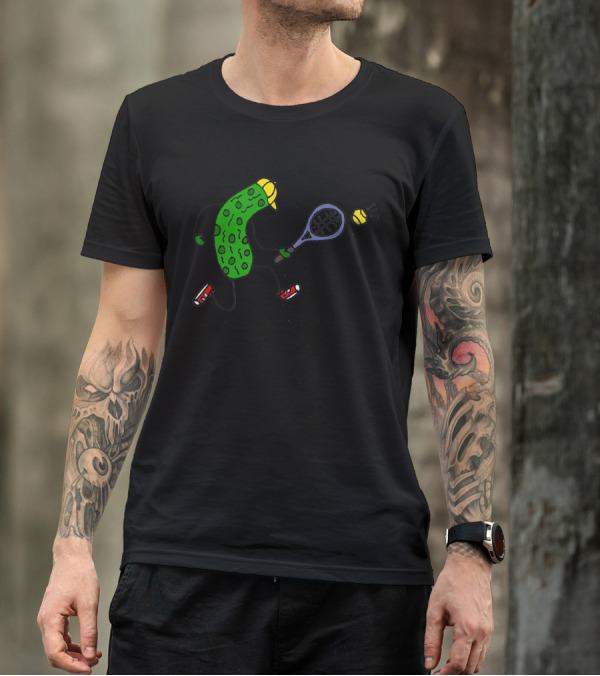 Funny Cute Pickle Playing Tennis With Yellow Cap And Red Sneakers T-Shirt